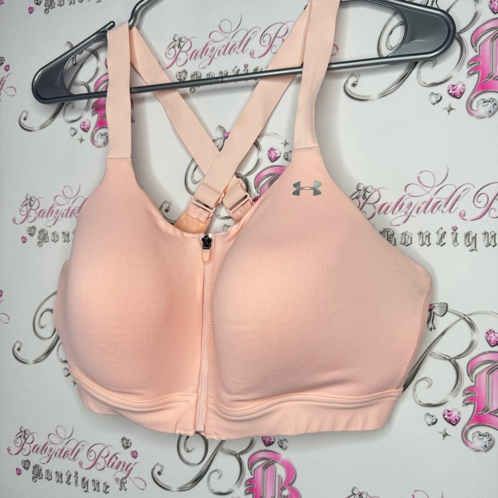 Under armour bra sports peach pink orange pastel logo silver criss cross support - Picture 3 of 9